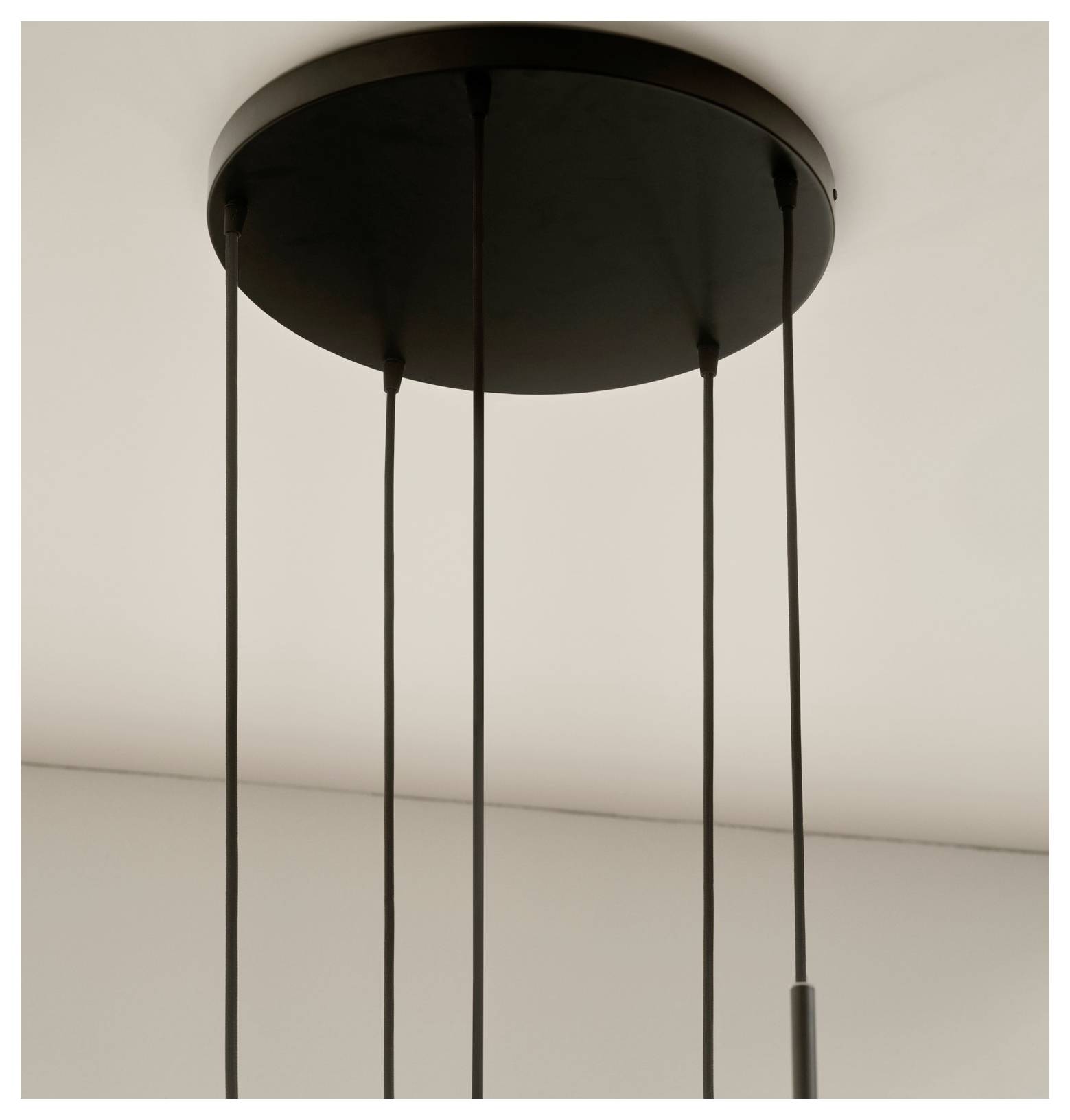 'Black pendant light fixture with multiple cords extends from circular ceiling mount.'