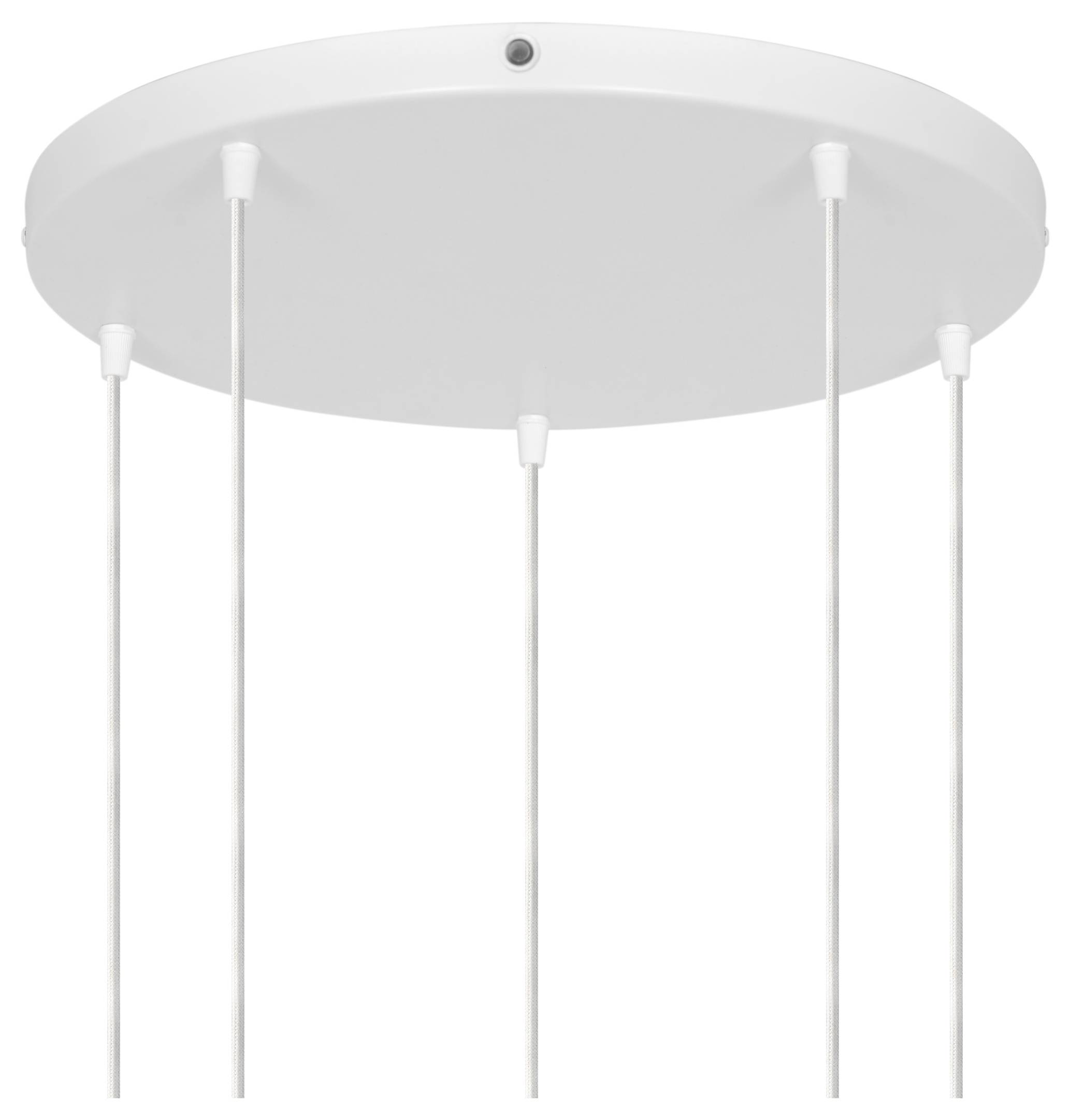 Circular white ceiling canopy with five slender pendant lights hanging down.