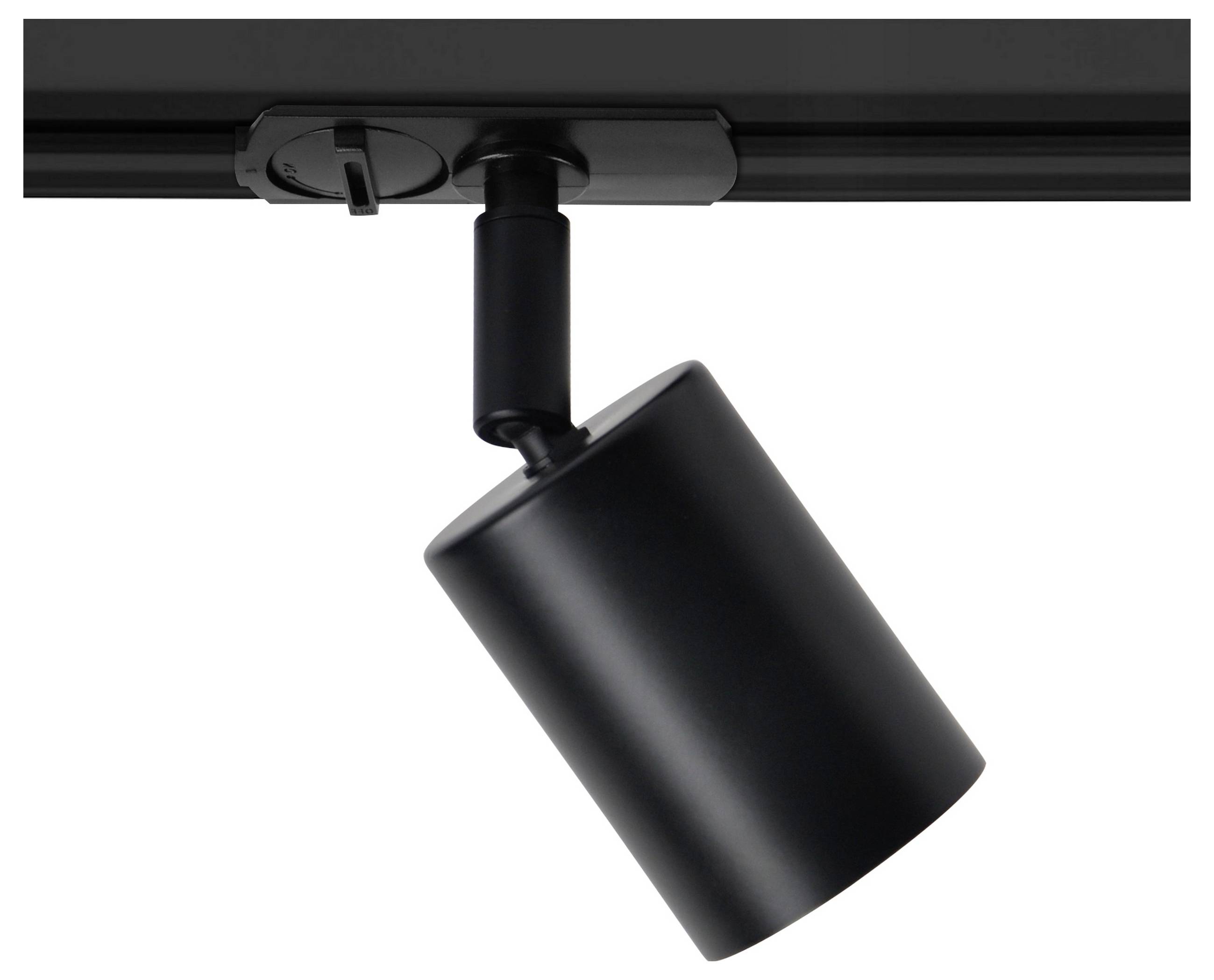 A black cylindrical track light fixture mounted on a rectangular track, angled slightly downwards, suitable for directional lighting.