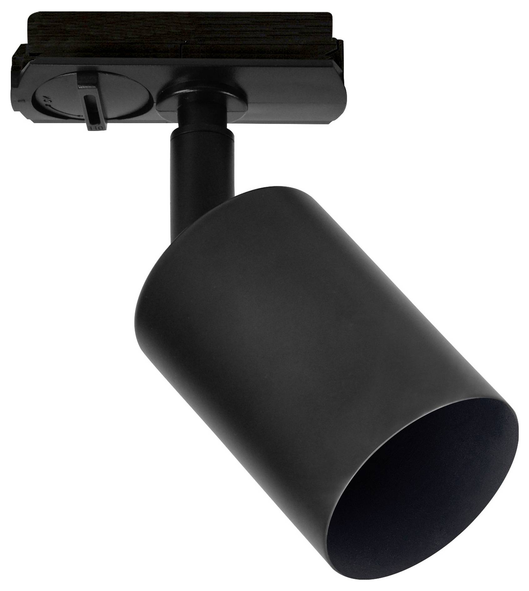 A black cylindrical track light with an adjustable head, mounted on a dark rectangular base.