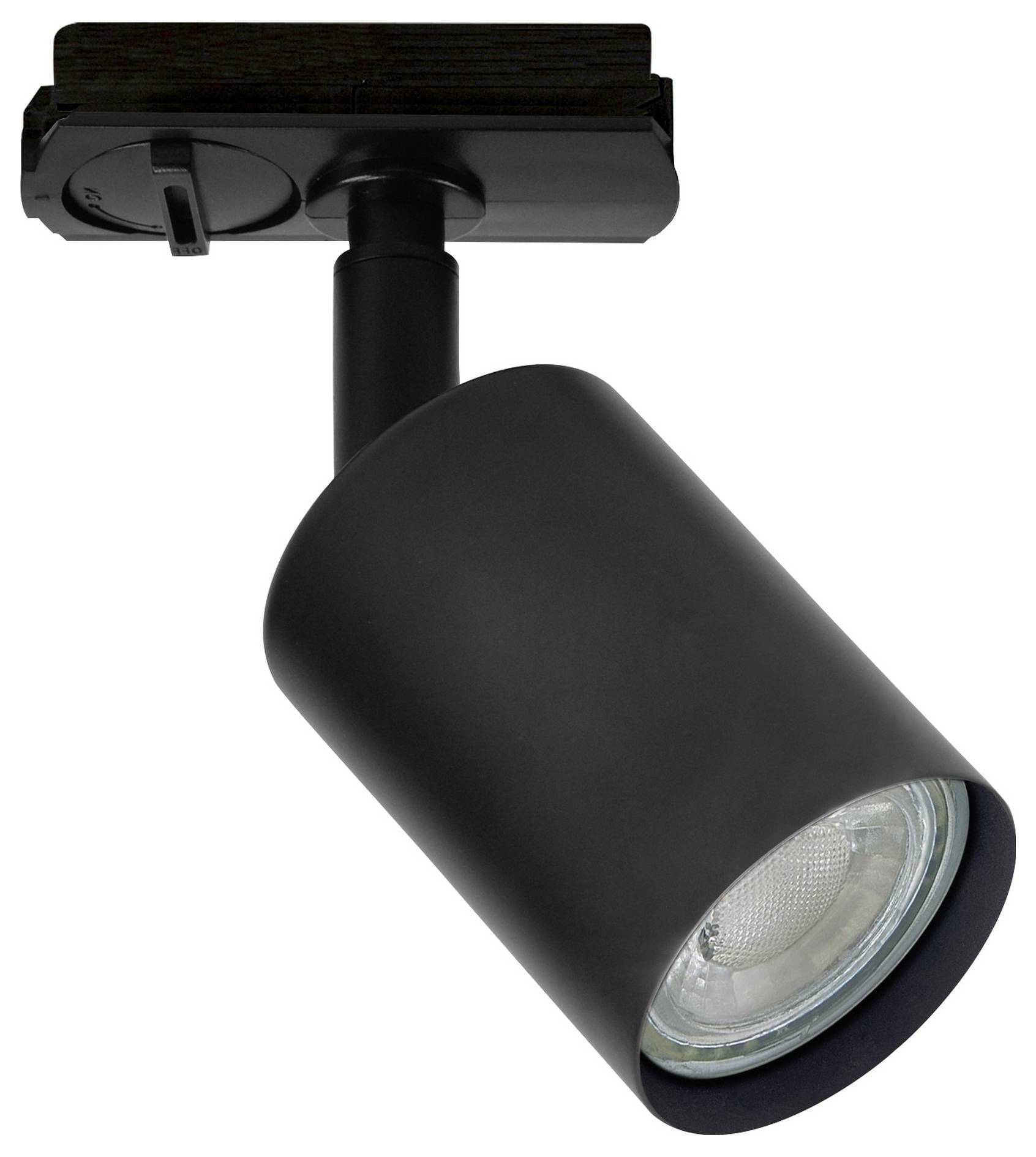 A single black track light with cylindrical design mounted on a ceiling track, shown from a side angle.