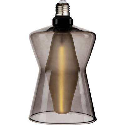 A uniquely shaped, modern light bulb with a dark glass exterior and glowing filament visible inside, suitable for decorative lighting.