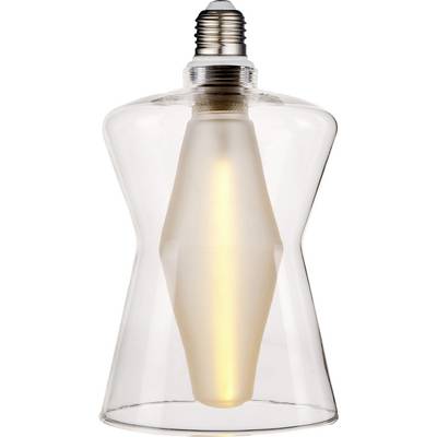 A modern, sculptural light bulb with a transparent outer casing and an illuminated interior filament, showcasing an artistic design.
