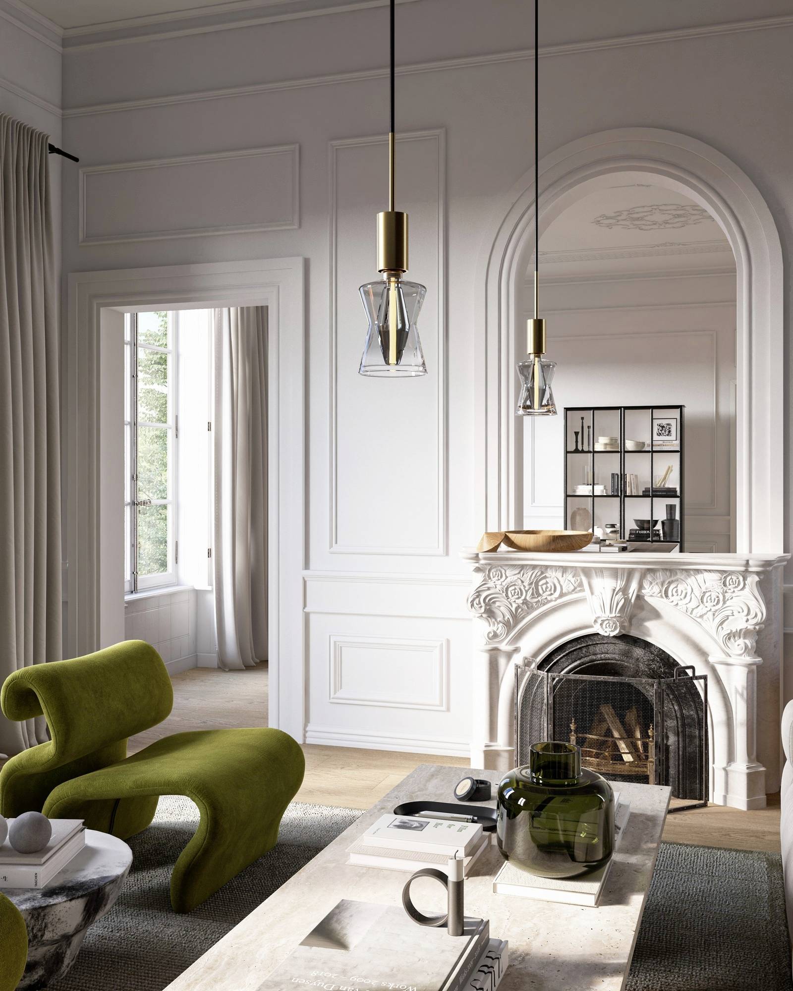 A stylish living room with green chairs, a decorative fireplace, modern pendant lights, and large windows allowing natural light inside.