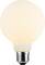A glowing round light bulb with a metal screw base, softly illuminated in a warm tone, on a plain background.