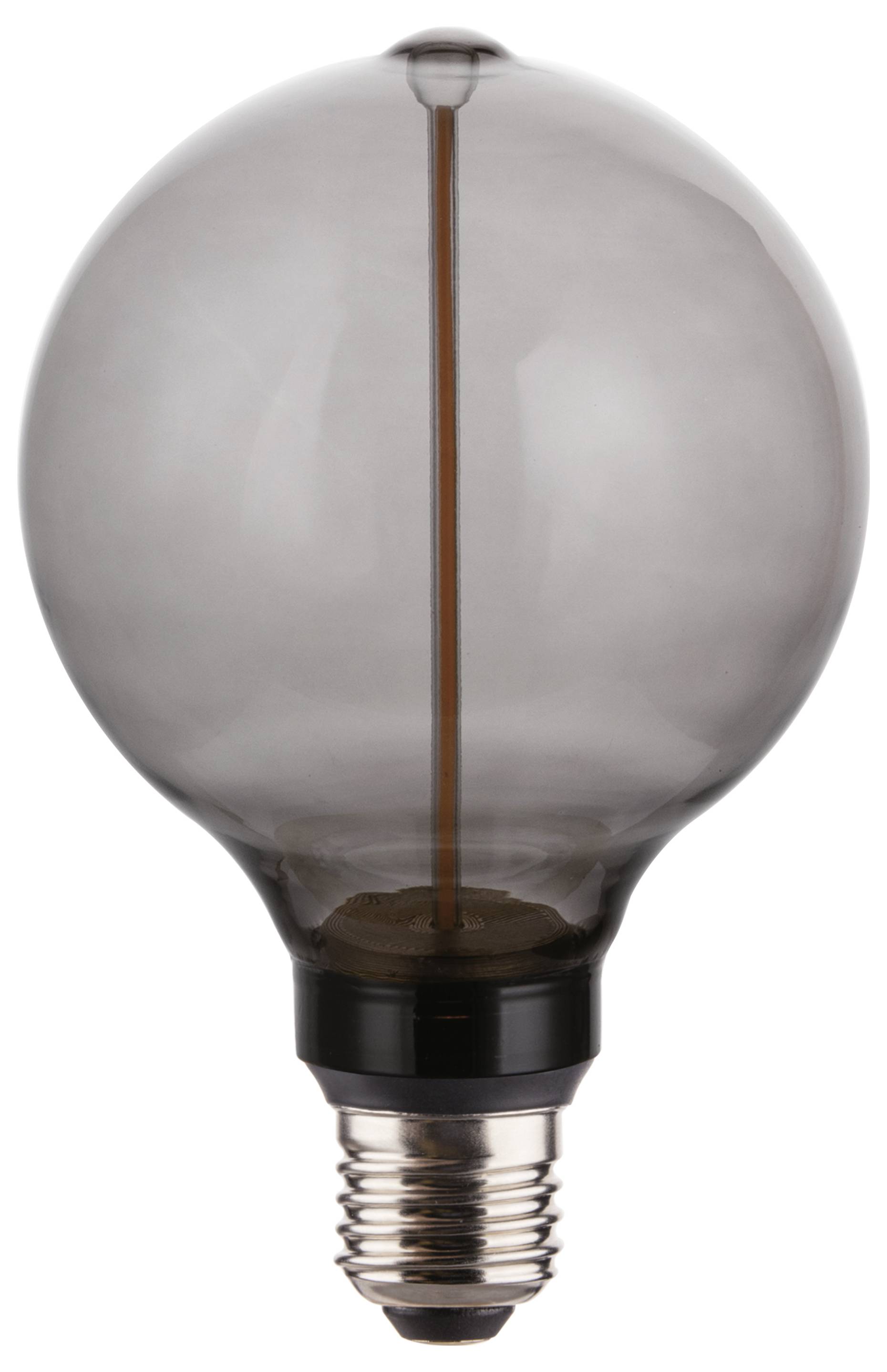 A round, clear light bulb with a visible filament stands upright on a white background.
