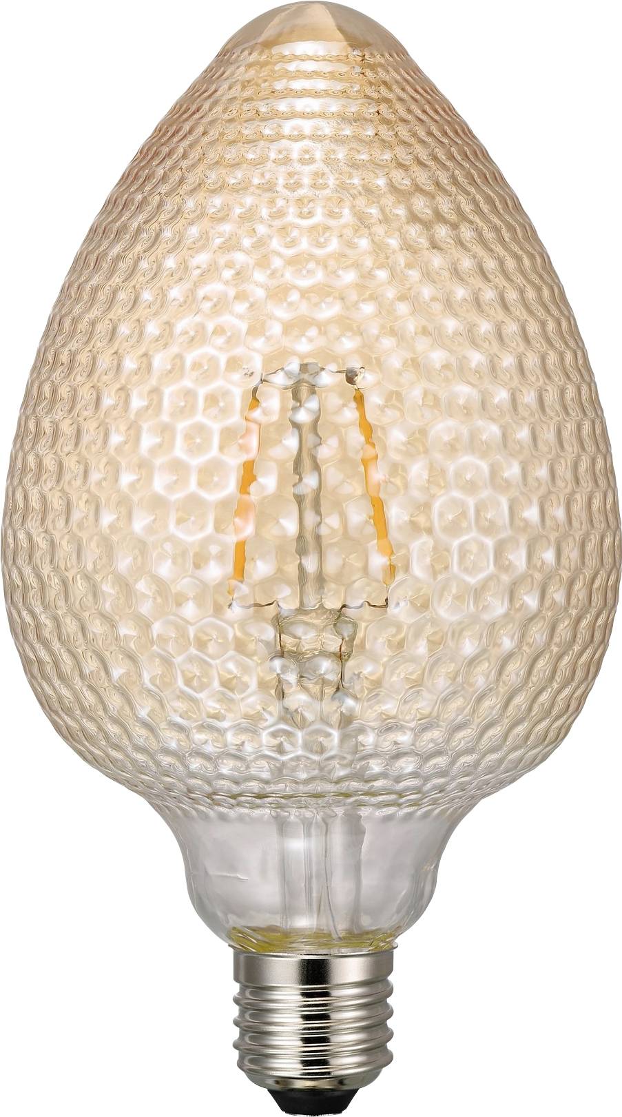 A decorative light bulb with a honeycomb-patterned glass exterior and visible filament, emitting a warm glow.
