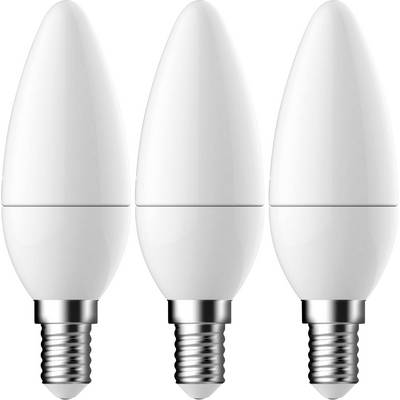 Three white LED light bulbs with a sleek, elongated shape and silver screw bases, positioned upright in a row.