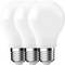 Three LED light bulbs are aligned side by side against a white background, illustrating energy-efficient lighting options.