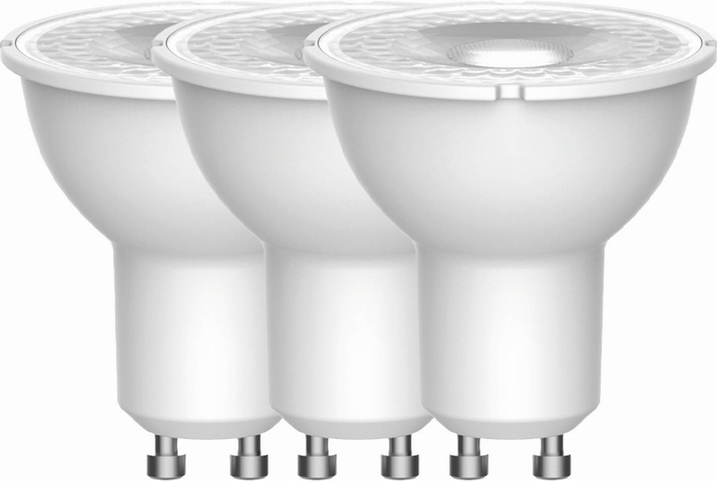'Three LED light bulbs with GU10 bases are aligned in a row, showcasing their energy-efficient design.'