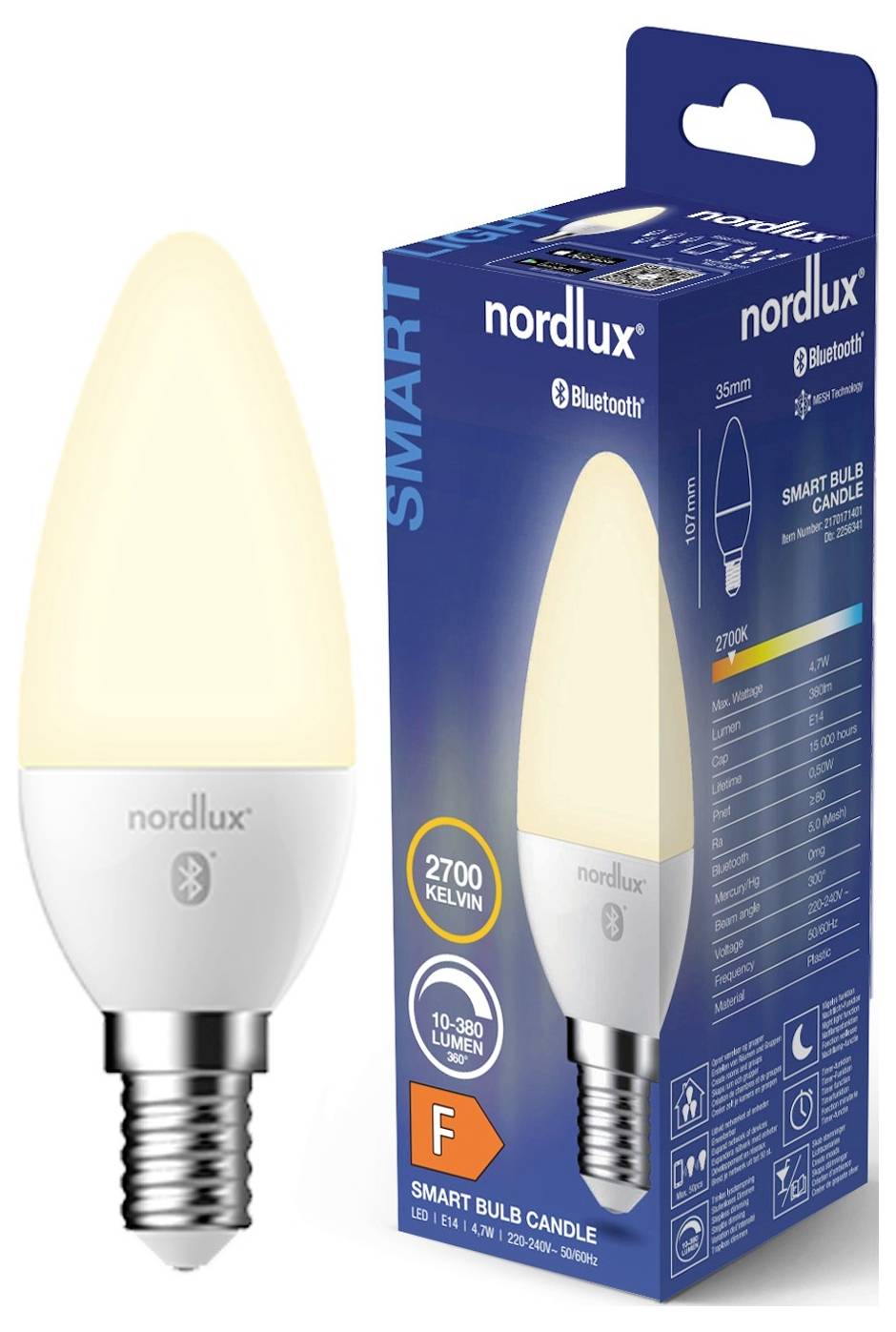 A Nordlux smart bulb and its packaging. The bulb offers Bluetooth connectivity, 2700 Kelvin lighting, and 10-30 lumens output.