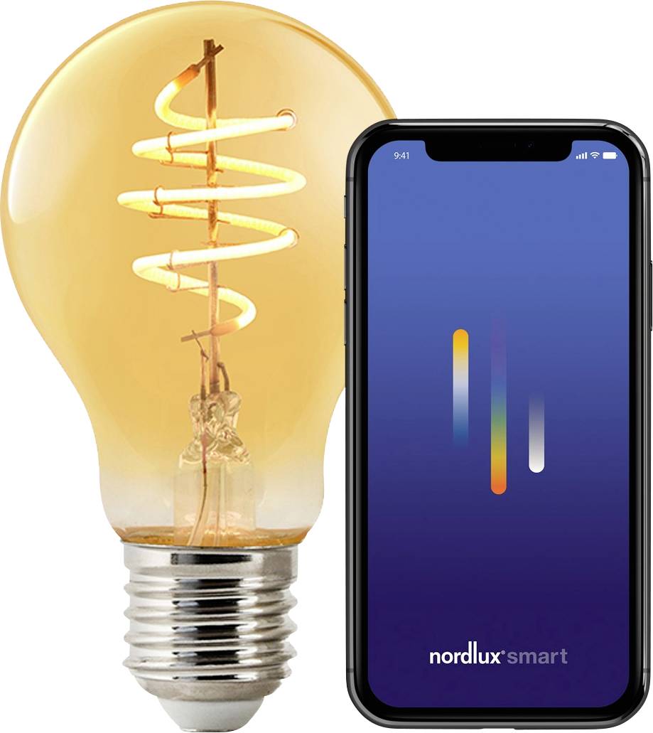 A smartphone displaying the 'nordlux smart' app next to an orange LED light bulb with a visible spiral filament, illustrating smart lighting control.