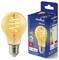 A glowing LED light bulb with a spiral filament is next to its retail box. The box highlights features like Bluetooth connectivity and energy efficiency.