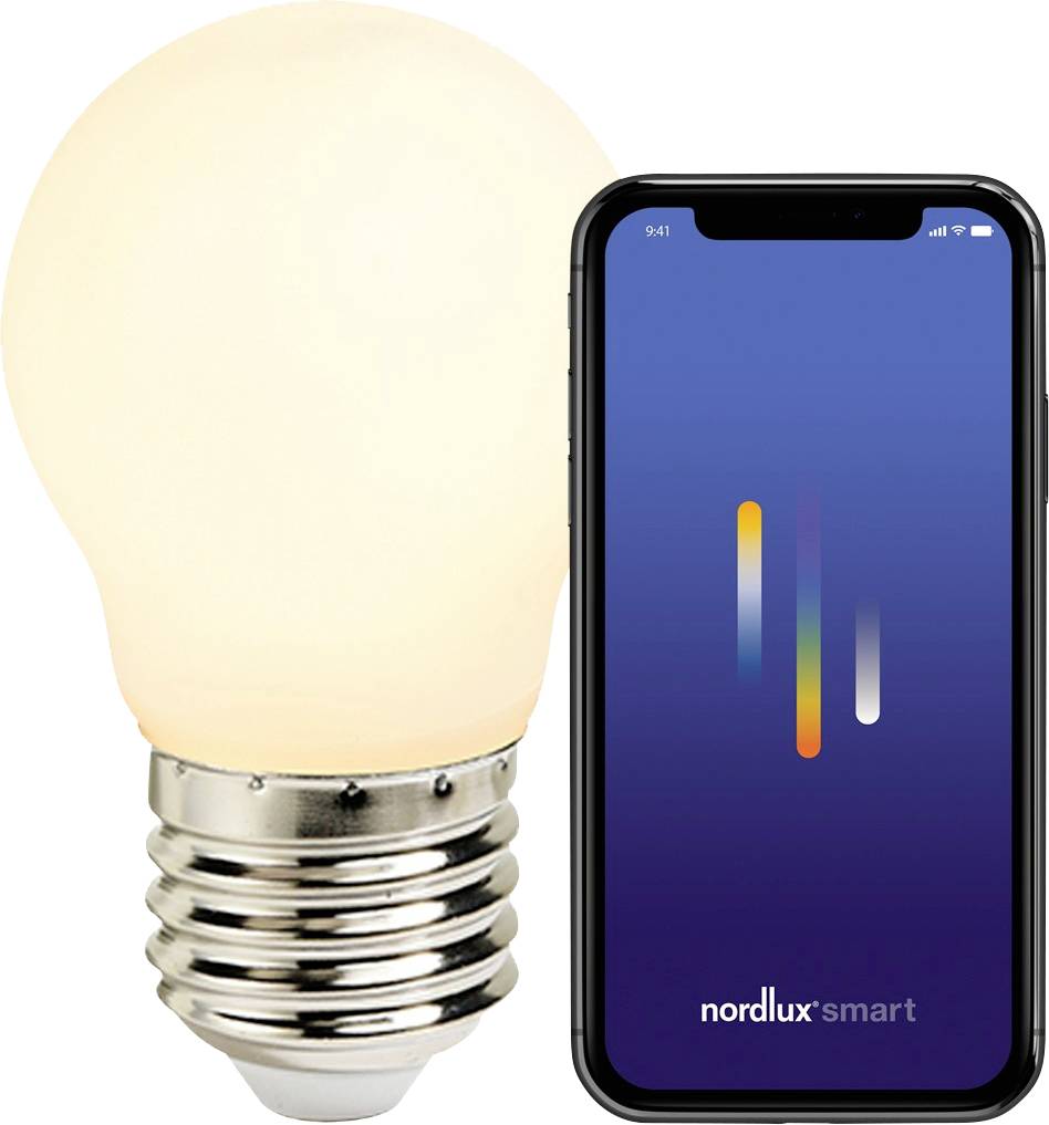 A smart light bulb next to a smartphone displaying the Nordlux Smart app interface, indicating home automation technology.