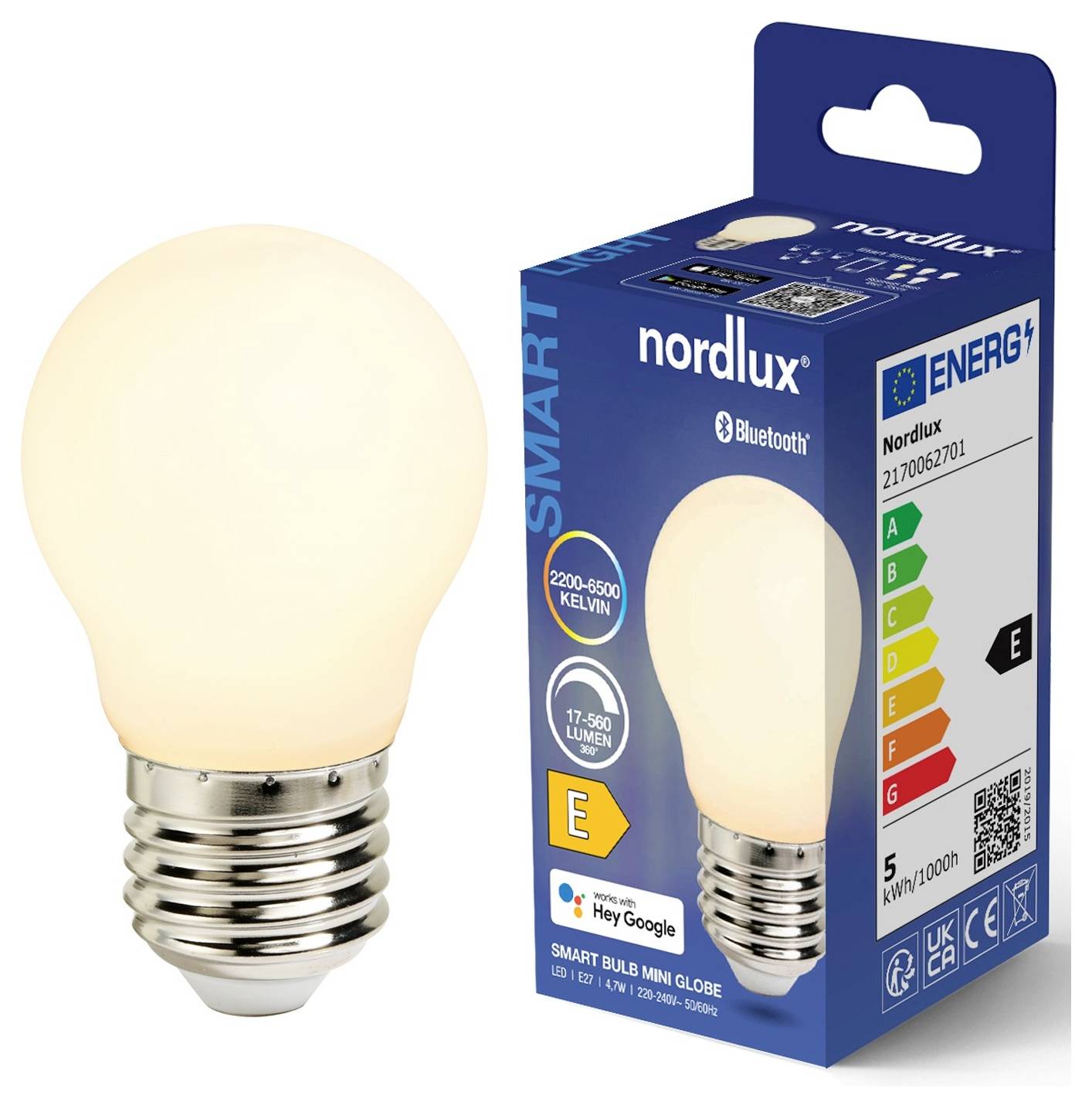 Smart LED bulb and packaging showing energy rating E, 2200-6500 Kelvin, 17-560 lumen, compatible with Google Assistant and Bluetooth.
