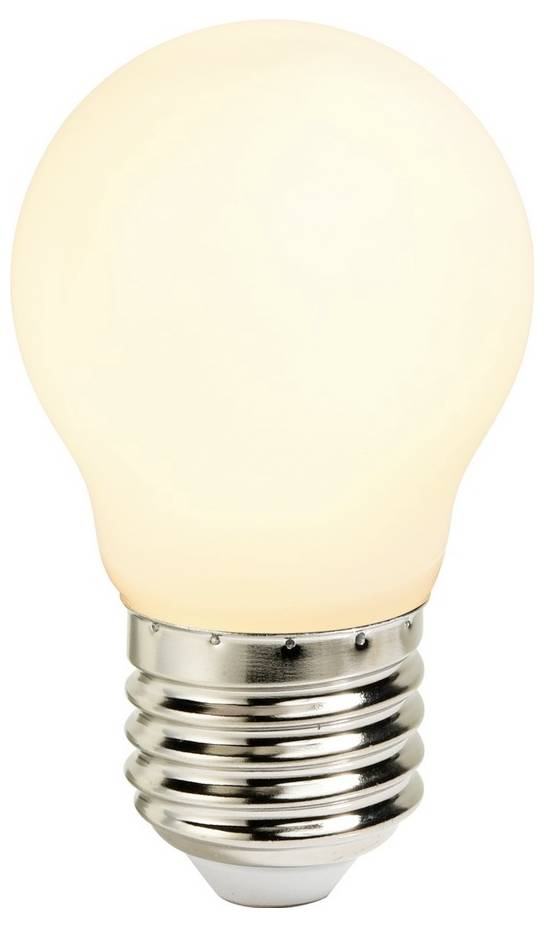 A lit incandescent light bulb glowing warmly against a white background.