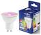 Smart RGB spot GU10 bulb with pink light and packaging. Compatible with Bluetooth, Google, Alexa. Energy rating F, 5W, 2200-6500K.