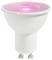A white smart LED bulb with a pink-colored light on the top surface, suitable for adjustable home lighting.