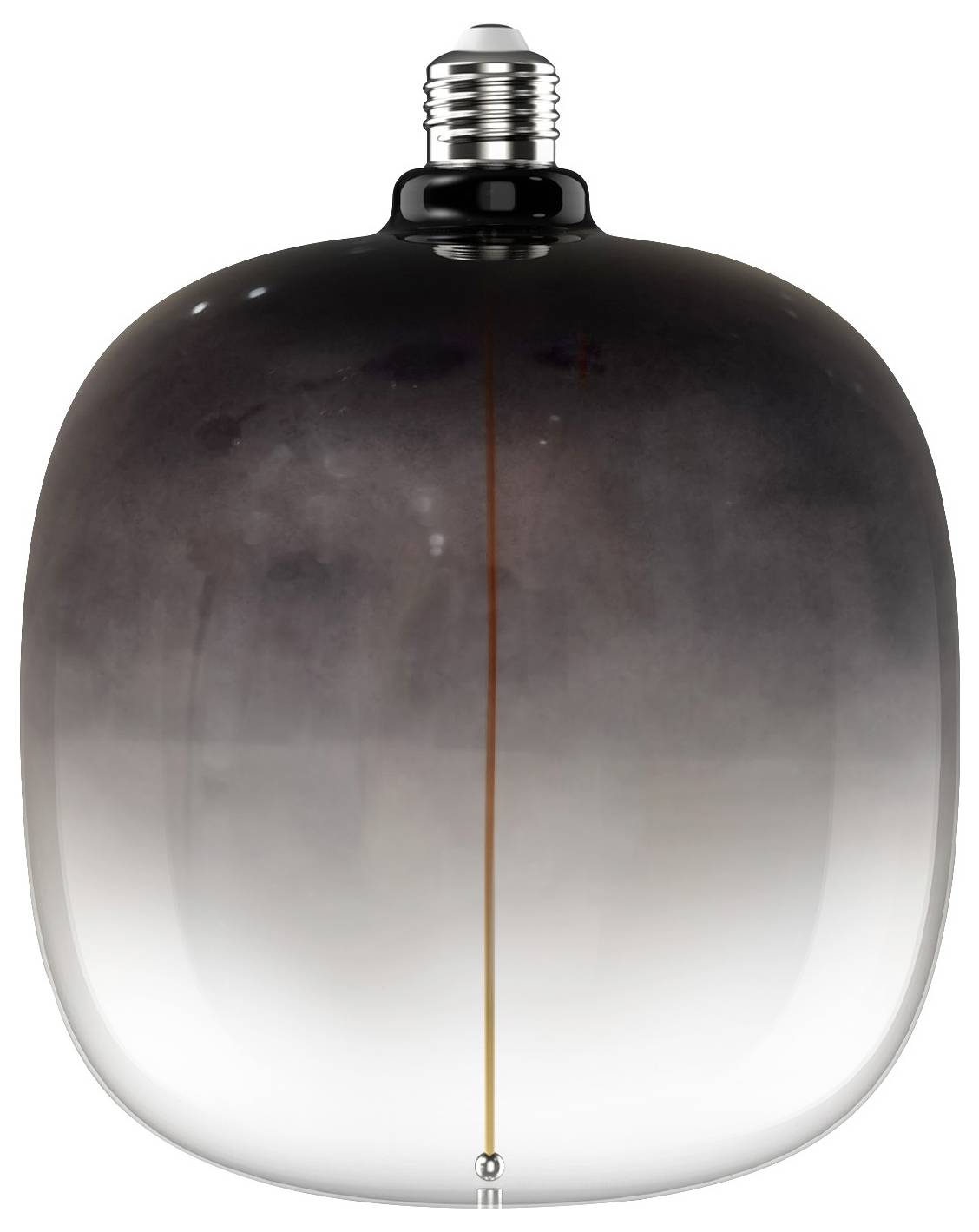A sleek, modern light bulb with a gradient design transitioning from black at the top to clear at the bottom, showcasing an elongated filament.