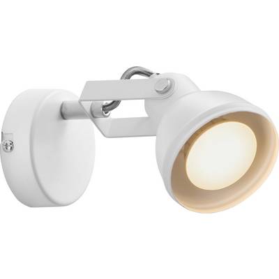 A white wall-mounted spotlight with a modern design, illuminated, featuring an adjustable arm for directional lighting.
