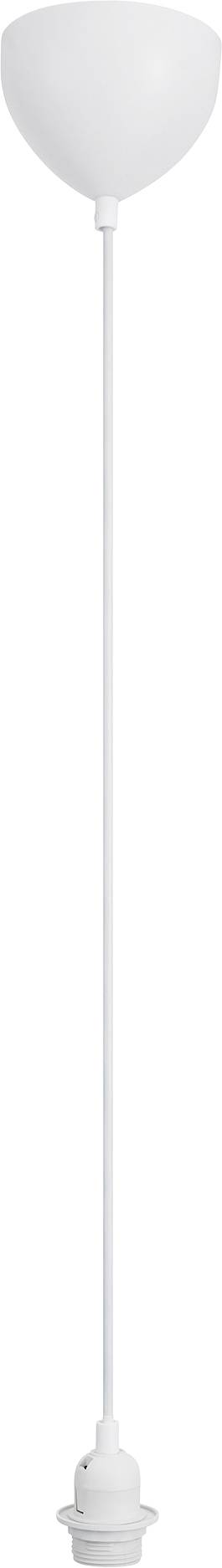 A white pendant light fixture with a conical ceiling mount, long cord, and bulb holder, designed for overhead lighting.