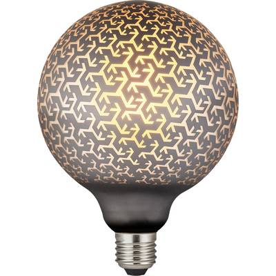 A light bulb with a decorative geometric pattern emits a warm glow, showcasing a unique design that blends function and art.