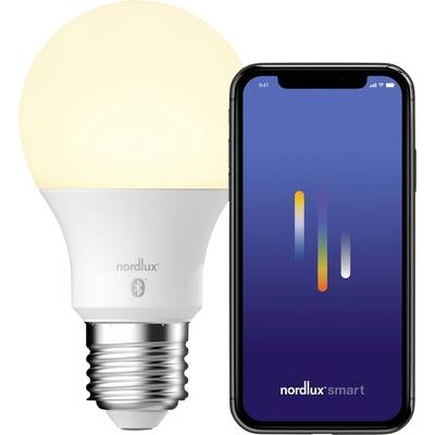 A smart LED light bulb next to a smartphone displaying the Nordlux smart app interface, indicating Bluetooth connectivity for control.
