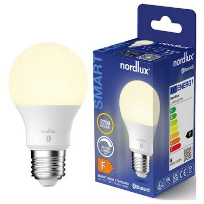 Smart LED light bulb 'Nordlux 2700 Kelvin, 210-806 lumen, F rating', Bluetooth enabled, shown beside its packaging highlighting energy efficiency.