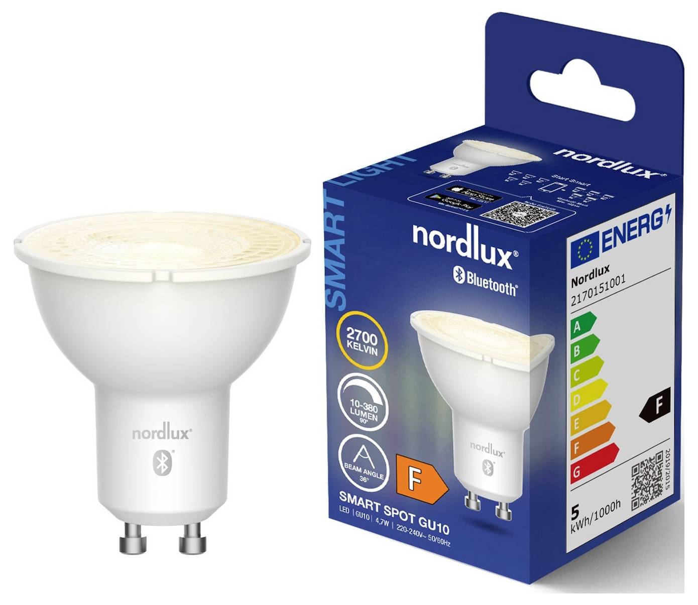 'Nordlux Smart Spot GU10' LED bulb next to its box. Energy rating F, 2700 Kelvin, 5 watts, 200 lumens. Bluetooth function highlighted on packaging.