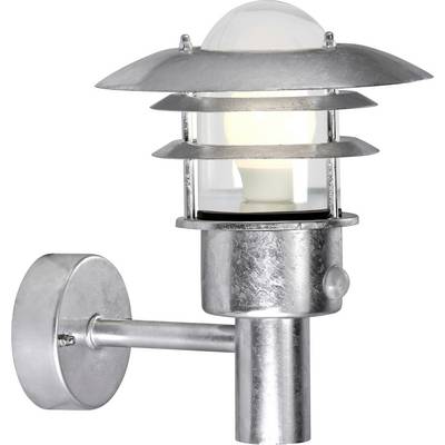 A silver outdoor wall light with a modern design, featuring a round base, vertical arm, and protective layered cover over the bulb.