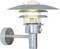 A modern, wall-mounted outdoor light fixture with a round base and layered metal canopy, housing a glowing bulb for illumination.