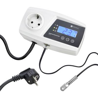Plug-in thermostat with digital display reading '23.7'. Includes power socket and plug on the left, temperature sensor on the right.