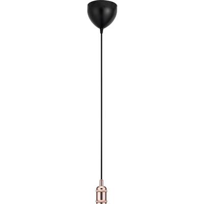A black pendant light with a long black cord and a metallic copper socket, designed for hanging, combining modern and industrial styles.