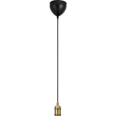 A hanging light fixture with a black ceiling mount, black cord, and brass bulb socket, suitable for a modern or industrial decor style.