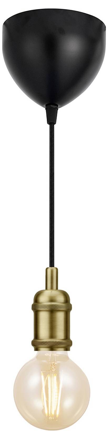 Hanging pendant light with a black ceiling mount, black cord, brass socket, and exposed vintage-style Edison bulb.