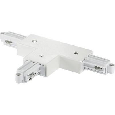 A white, L-shaped track connector with two parallel slots and metal contacts, used for connecting and extending lighting tracks.