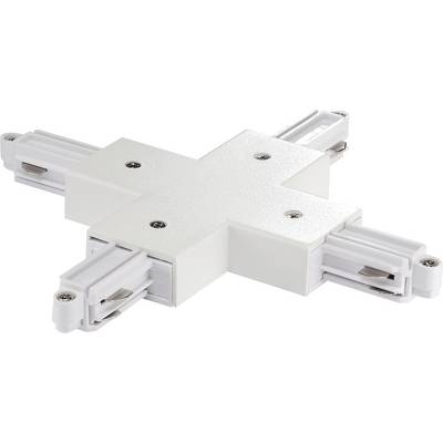 'A white four-way track connector for modular lighting systems, featuring a cross shape with metal clamps on each end.'