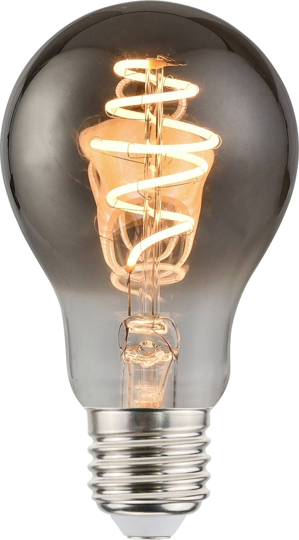 A vintage-style LED light bulb with a visible spiral filament glows warmly, showcasing its design and energy efficiency.