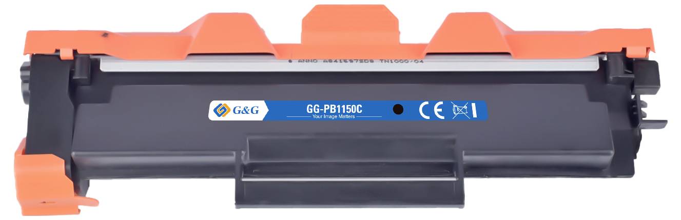 Printer toner cartridge with an orange protective cover, labeled 'G&G', model 'GC-PB115C', displaying recycling and CE marks.