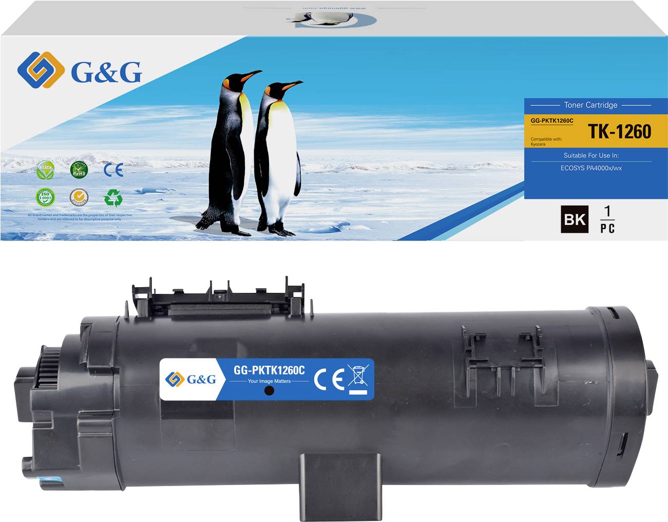 Product image showing a G&G toner cartridge TK-1260, with packaging displaying penguins and icons for eco-friendliness and capacity.