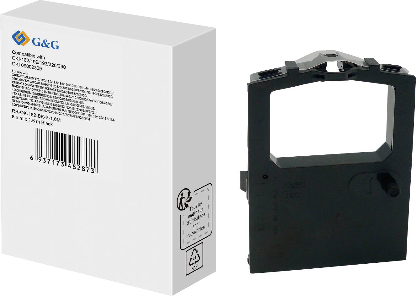 Black ink ribbon cartridge and white box with brand logo and compatibility details for specific printer models.