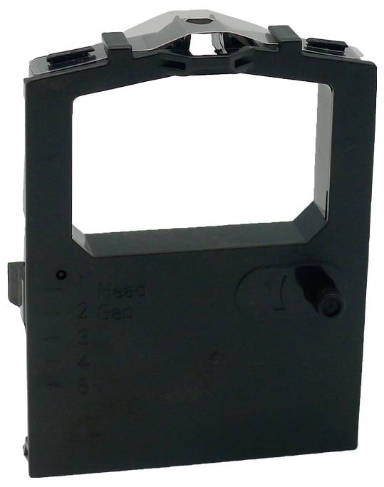 Black cassette ribbon for a printer, featuring a rectangular frame and a reel cover at the top.