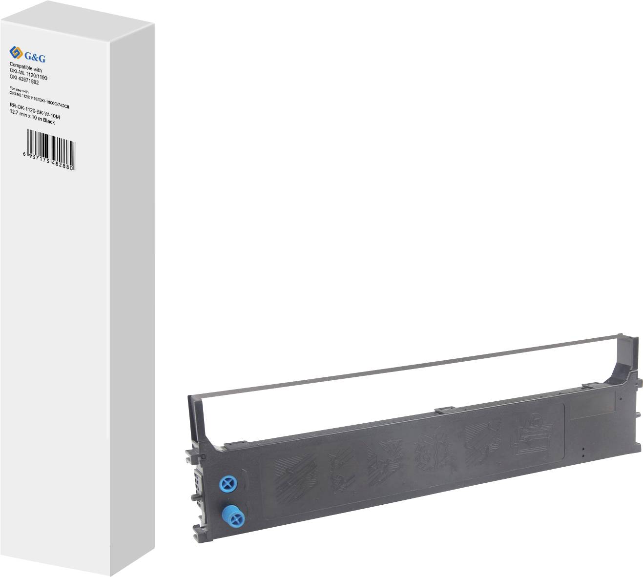 'G&G Printer Ribbon, compatible with Epson FX-2190, S015631, black. Model: GG-ERC-185C. Includes packaging and ribbon cartridge.'