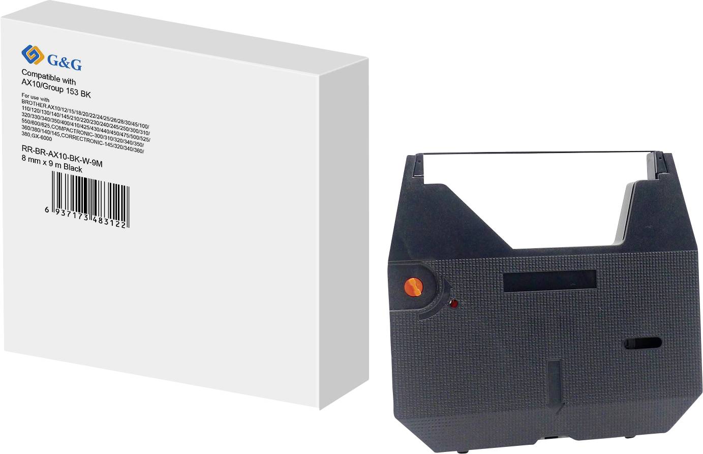 'G&G' branded printer ribbon cartridge, model AX10/Banque 150 BK, with box showing compatibility details and barcode.