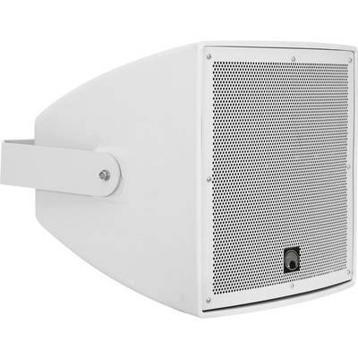 Side view of a white wall-mounted speaker with a perforated grille and a mounting arm, suitable for indoor audio applications.