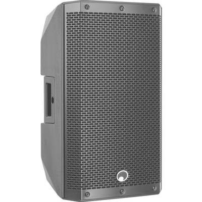 A black rectangular speaker with a mesh grille and a circular logo at the bottom center is angled slightly.