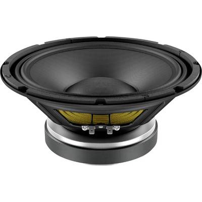 A black speaker with yellow interior details, showcasing its cone and diaphragm structure, used for emitting sound in audio systems.