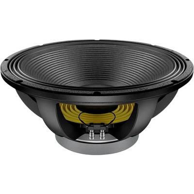 A large black speaker with a visible yellow coil and silver terminals on the bottom, used for audio systems.