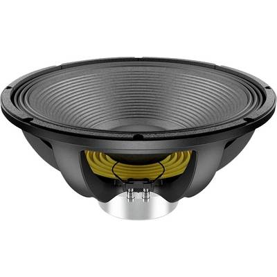 A close-up of a large speaker cone, showing the cone, yellow coil, and black frame, illustrating speaker construction elements.