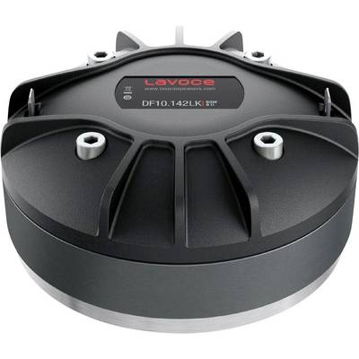 A black and silver audio speaker component with a labeled section 'Lavoce DF10.142LK'. It features bolts and a circular metallic base.